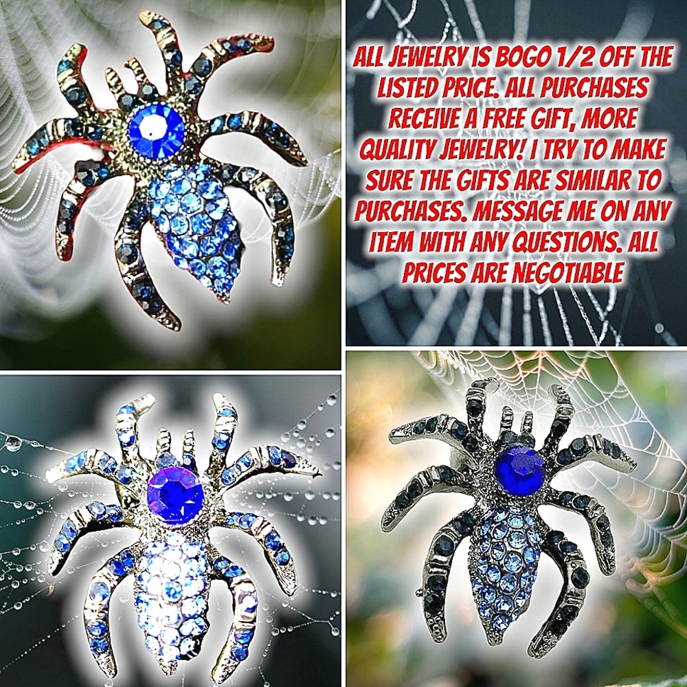 Silver plated blue crystal spider brooch
